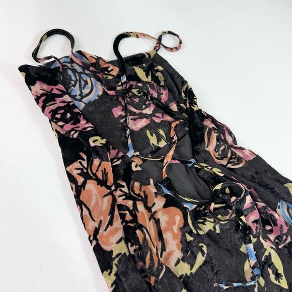 ASOS Maxi Dress Womens 8 Velvet Burnout Devore Slip Lace Up Back Strappy Black - Picture 8 of 9